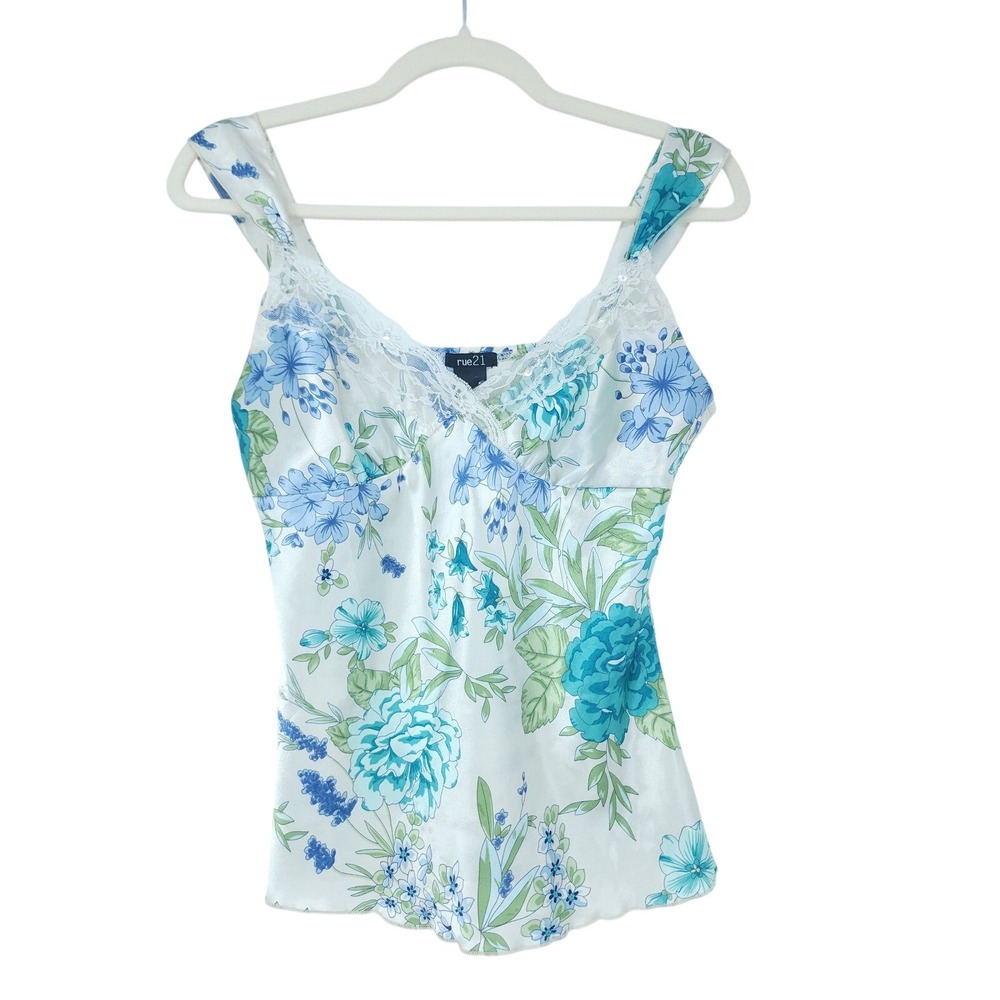 VTG rue21 Cami Tank Top Women S Blue Floral Satin Beaded LaceTrim Y2K Fairy READ